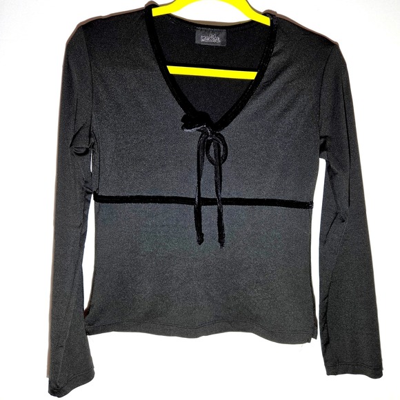 Malibu Tops - Malibu Y2K Black Long Sleeve V-Neck Velvet Trim Tie Front Top Womens Small